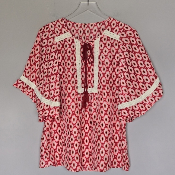 Kate Spade 100% Silk Posy Ikat Bohemian Red Patterned Women's Top - Picture 3 of 10